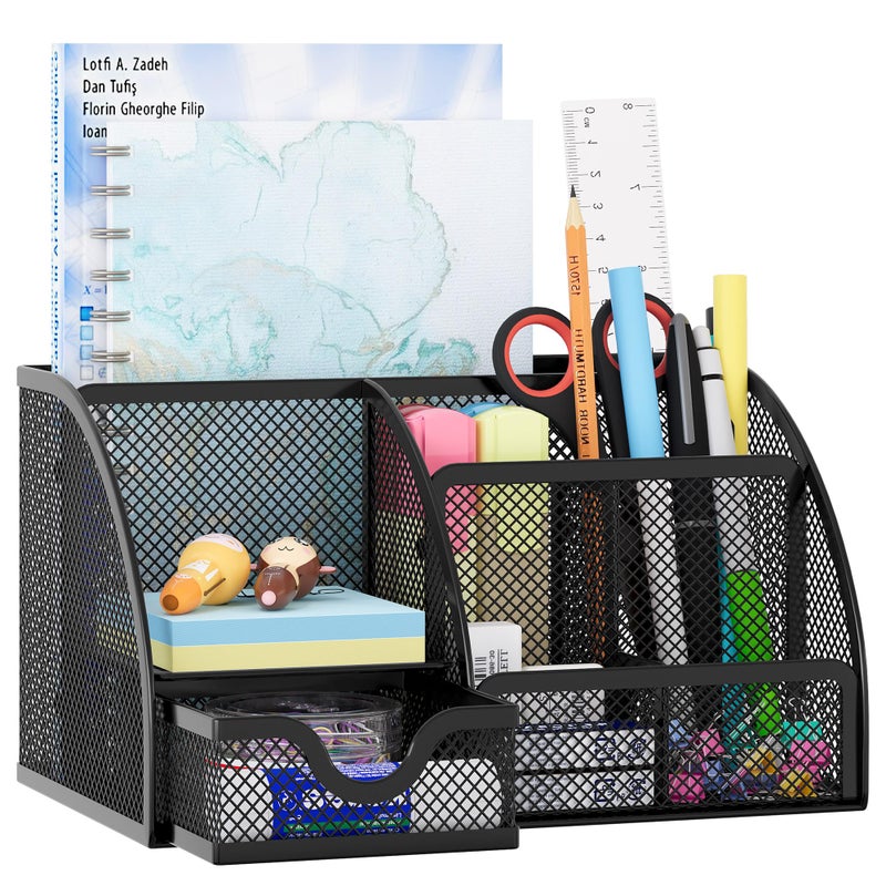 EasyPAG Mesh Desk Organizer with Drawer Multi-functional Pen Holder Stationery Organizer for Office School Supplies 6 Compartments Dorm Organizers and Storage for Desk, Black - Image 1